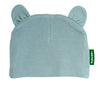 Light blue baby hat with bear ears and a green tag on a white background