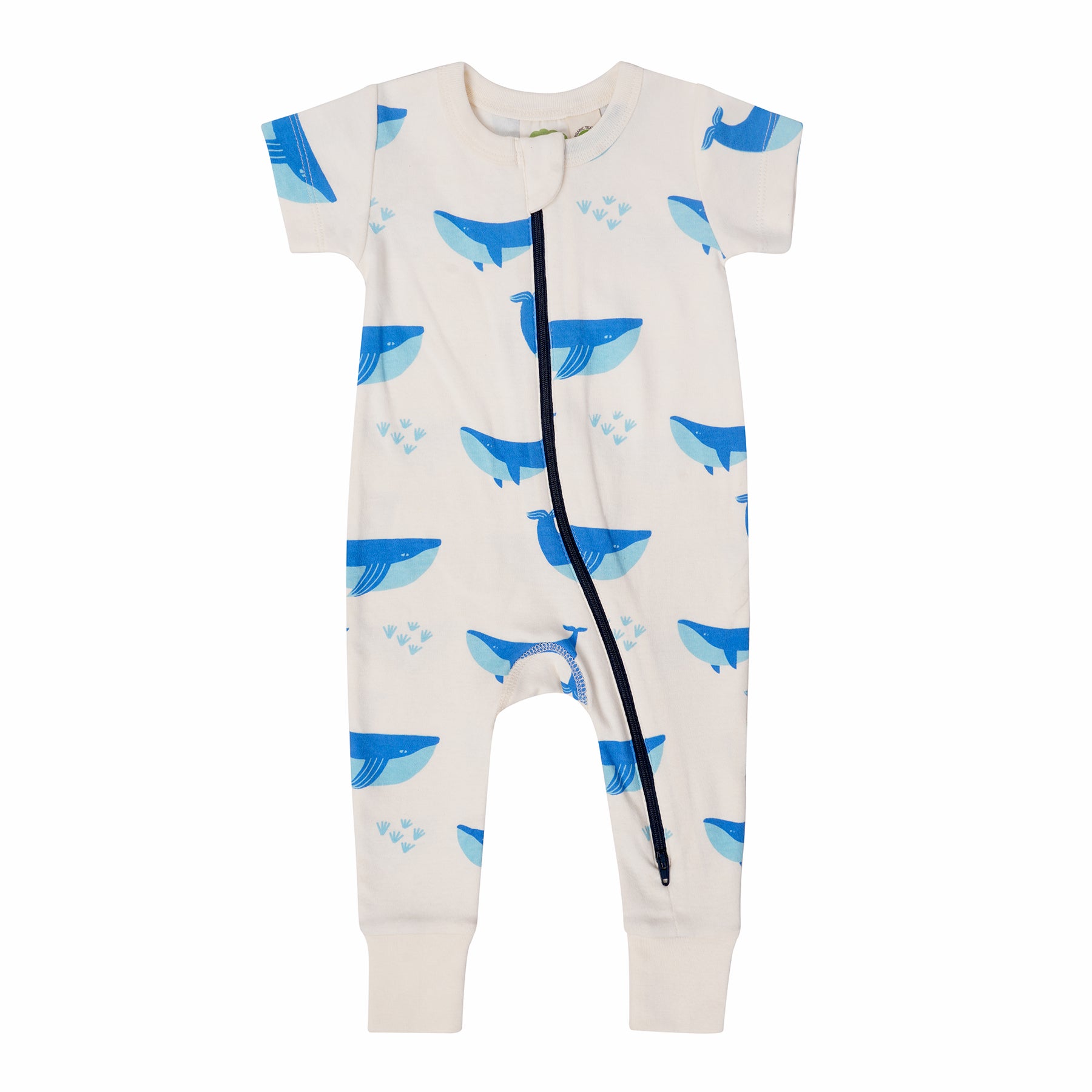 Baby zipper romper with blue whale pattern on a white background
